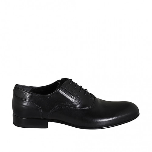 Elegant men's Oxford shoe with laces and elastics in black leather - Available sizes:  36, 37, 38, 47, 49, 50, 51