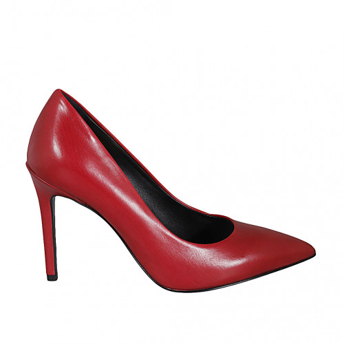 ﻿Woman's pointy pump shoe in red leather with heel 9 - Available sizes:  33, 34, 42, 43, 44, 45, 46