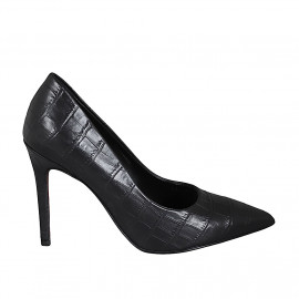 Women's pointy pump shoe in black printed leather heel 9 - Available sizes: 32