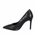 Women's pointy pump shoe in black printed leather heel 9 - Available sizes:  32, 33, 34, 42, 43, 44, 45, 46