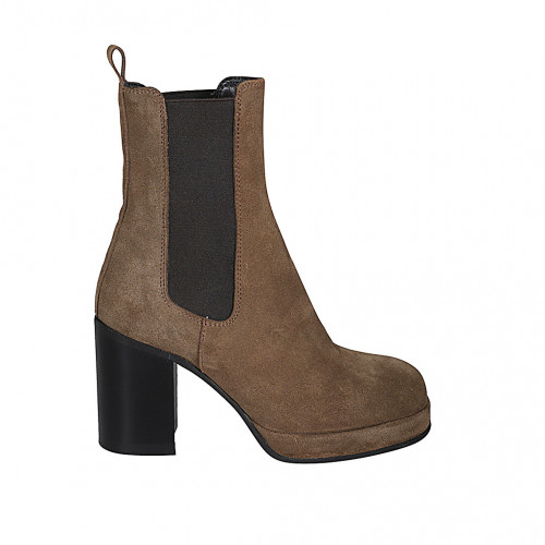 Woman's ankle boot with platform and elastic bands in tobacco brown suede heel 9 - Available sizes:  42, 43, 44