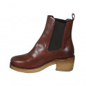 Woman's ankle boot with elastic bands in dark cognac brown leather heel 6 - Available sizes:  32, 42