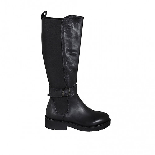 Bottes pour femmes en cuir noir avec boucle et elastiques talon 4 - Pointures disponibles:  33, 44, 45