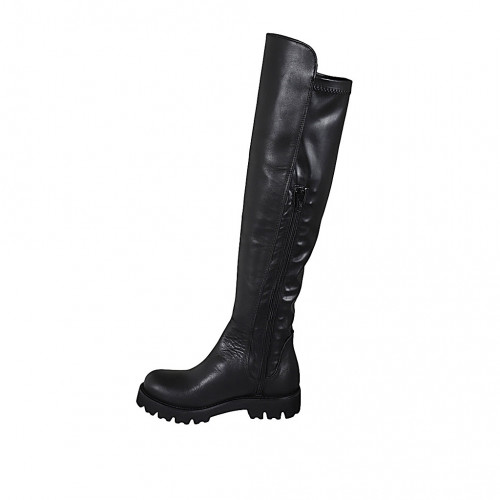 Schenkelhoher Damenstiefel aus schwarzem Leder und elastischem Material Absatz 4