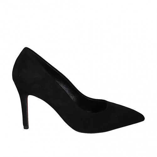 Zapato de salon puntiagudo para mujer en gamuza negra tacon 8 - Tallas disponibles:  32, 33, 34, 43, 44, 45