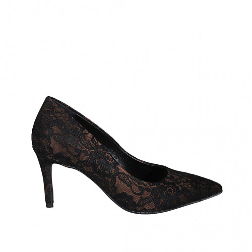 Women's pointy pump in bronze leather and black lace heel 7 - Available sizes:  32, 34, 44