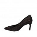 Women's pointy pump in bronze leather and black lace heel 7 - Available sizes:  32, 34, 44