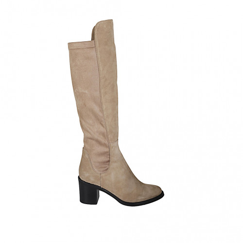 Woman's boot with half zipper in beige suede and elastic material heel 7 - Available sizes:  34, 42, 43