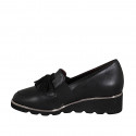 Woman's mocassin with tassels, elastic bands and removable insole in black leather wedge heel 4 - Available sizes:  31