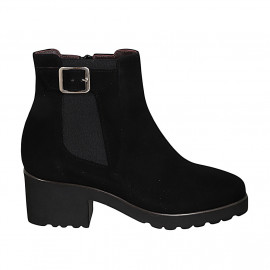Bottines pour femmes avec semelle amovible, boucle, elastique et fermeture éclair en daim noir talon 5 - Pointures disponibles:  42