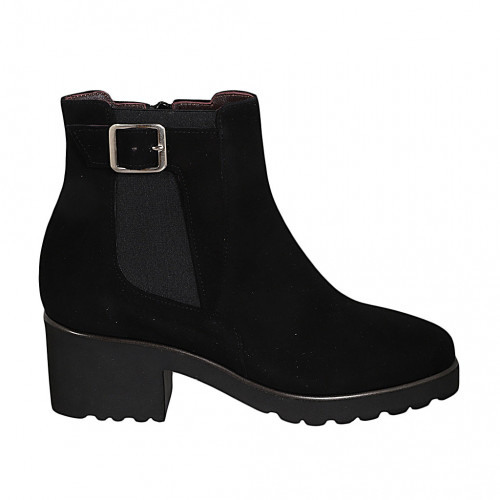 Woman's ankle boot with removable insole, buckle, elastic and zipper in black suede heel 5 - Available sizes:  42