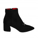 Woman's pointy ankle boot with zipper and accessory in black suede heel 6 - Available sizes:  42, 43