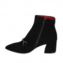 Woman's pointy ankle boot with zipper and accessory in black suede heel 6 - Available sizes:  33, 42, 43, 45