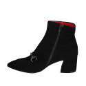 Woman's pointy ankle boot with zipper and accessory in black suede heel 6 - Available sizes:  42, 43