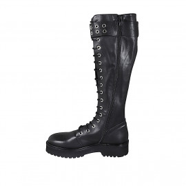 Bota para mujer con cordones, hebilla y cremallera en piel negra con tacon 4 - Tallas disponibles:  32, 33, 43 2