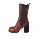 Woman's high ankle boot in tan brown leather with elastic bands and platform heel 9 - Available sizes:  42, 43