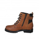 Woman's laced ankle boot with zipper, elastic bands and buckles in cognac brown leather heel 3 - Available sizes:  44
