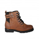 Woman's laced ankle boot with zipper, elastic bands and buckles in cognac brown leather heel 3 - Available sizes:  44