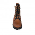 Woman's laced ankle boot with zipper, elastic bands and buckles in cognac brown leather heel 3 - Available sizes:  44