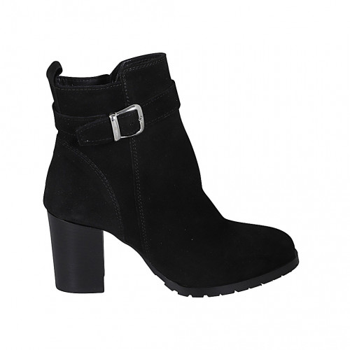 Woman's ankle boot with zipper and buckle in black suede heel 7 - Available sizes:  42, 43