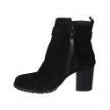 Woman's ankle boot with zipper and buckle in black suede heel 7 - Available sizes:  42, 43