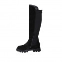 Bottes au genou en daim et tissu élastique noir avec demi fermeture éclair et fermeture éclair arrière talon 4 - Pointures disponibles:  32, 33, 34, 43, 44, 45