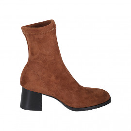Woman's ankle boot in cognac brown suede and elastic material heel 5 - Available sizes: 33, 43, 45