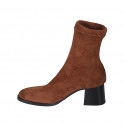 Woman's ankle boot in tan brown suede and elastic material heel 5 - Available sizes:  32, 33, 43, 45