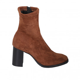 Woman's ankle boot with zipper in cognac brown elastic material and suede heel 7 - Available sizes: 43