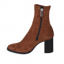 Woman's ankle boot with zipper in tan brown elastic material and suede heel 7 - Available sizes:  33, 42, 43, 44, 45, 46
