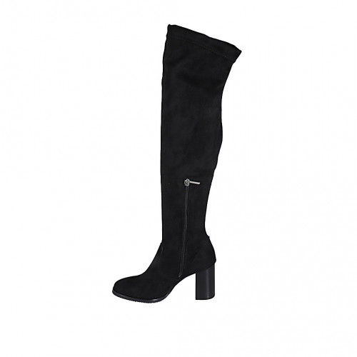 Schenkelhoher Damenstiefel aus schwarzem elastischem Material und Wildleder mit halbem Reißverschluss Absatz 7