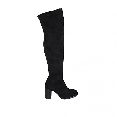 Woman's over-the-knee boot in black elastic material and suede with half zipper heel 7 - Available sizes:  33, 34, 42, 43, 44, 45