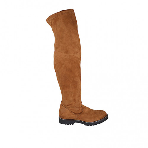 Woman's over-the-knee boot in cognac brown suede and elastic material with half zipper heel 3 - Available sizes:  42, 43