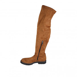 Bottes au dessus de genou pour femmes en daim et matériau elastique cognac avec demi fermeture éclair talon 3 - Pointures disponibles:  42, 43 2