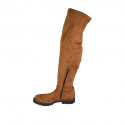 Botas a la rodilla para mujer en gamuza y material elastico brun claro con media cremallera tacon 3 - Tallas disponibles:  42, 43, 44