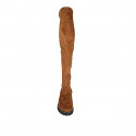 Botas a la rodilla para mujer en gamuza y material elastico brun claro con media cremallera tacon 3 - Tallas disponibles:  42, 43, 44
