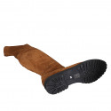 Woman's over-the-knee boot in cognac brown suede and elastic material with half zipper heel 3 - Available sizes:  42, 43