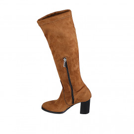 Woman's boot with half zipper in cognac brown suede and elastic material heel 7 - Available sizes:  34, 42, 43, 44 2