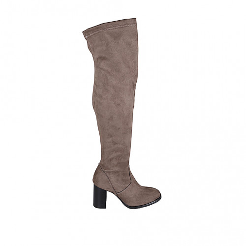 Bottes au dessus de genou pour femmes en daim et matériau elastique taupe avec demi fermeture éclair talon 7 - Pointures disponibles:  32, 33, 42, 43, 45