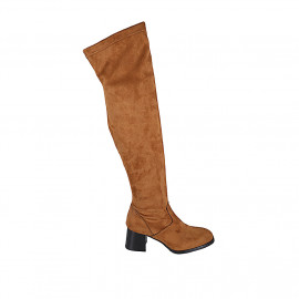 Woman's over-the-knee boot in cognac brown elastic material and suede with half zipper heel 5 - Available sizes:  32, 34, 43