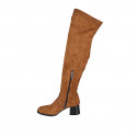 Botas sobre la rodilla para mujer en gamuza y material elastico brun claro con media cremallera tacon 5 - Tallas disponibles:  32, 33, 34, 42, 43, 45