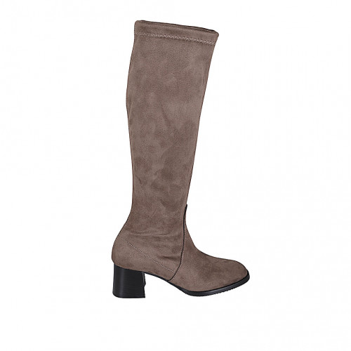 Woman's boot with half zipper in taupe suede and elastic material heel 5 - Available sizes:  32, 33, 42, 44