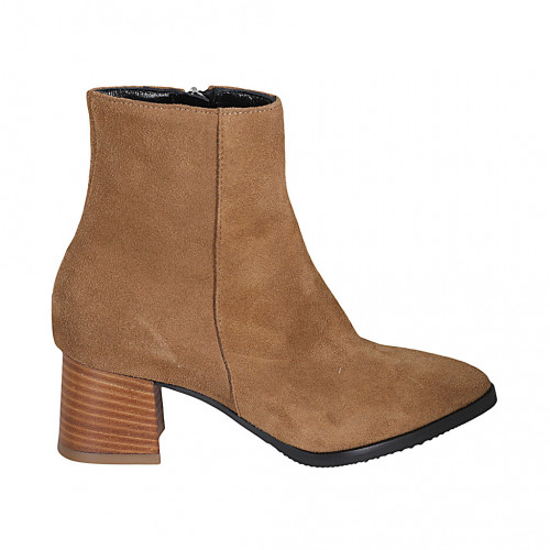 Woman's pointy ankle boot with zipper in tan brown suede heel 5 - Available sizes:  33, 42, 43, 44, 45, 46