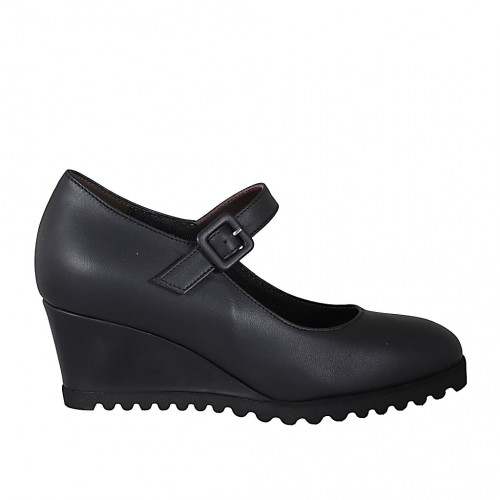 Escarpin pour femmes avec courroie et semelle amovible en cuir noir talon compensé 6 - Pointures disponibles:  31, 42, 44