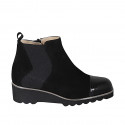 Woman's ankle boot with removable insole, elastic and zipper in black suede and patent leather wedge heel 4 - Available sizes:  32, 42