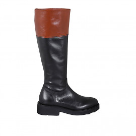Woman's boot in black and cognac brown leather with zipper heel 4 - Available sizes:  33