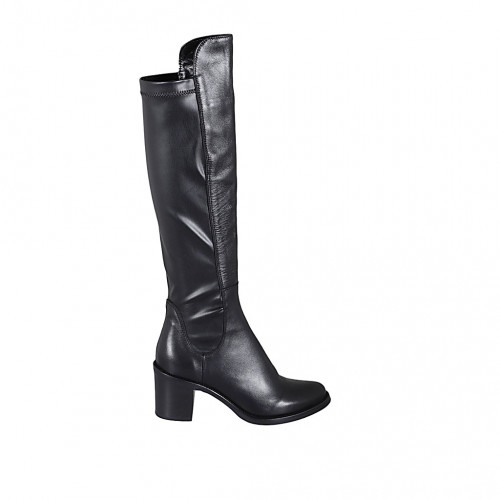 Woman's knee-high boot in black elastic material and leather with half zipper heel 7 - Available sizes:  33, 34, 45