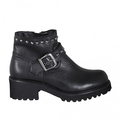 Woman's ankle boot with zipper, buckle and studs in black leather heel 5 - Available sizes:  32, 43, 44, 45