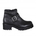Woman's ankle boot with zipper, buckle and studs in black leather heel 5 - Available sizes:  32, 43, 44, 45
