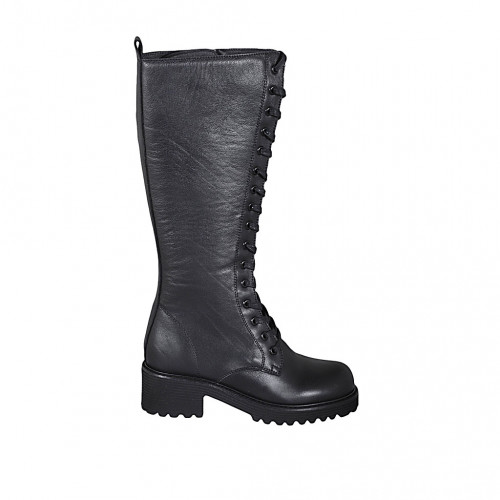 Woman's laced ankle boot with zipper in black leather heel 5 - Available sizes:  32, 34, 43, 44, 45
